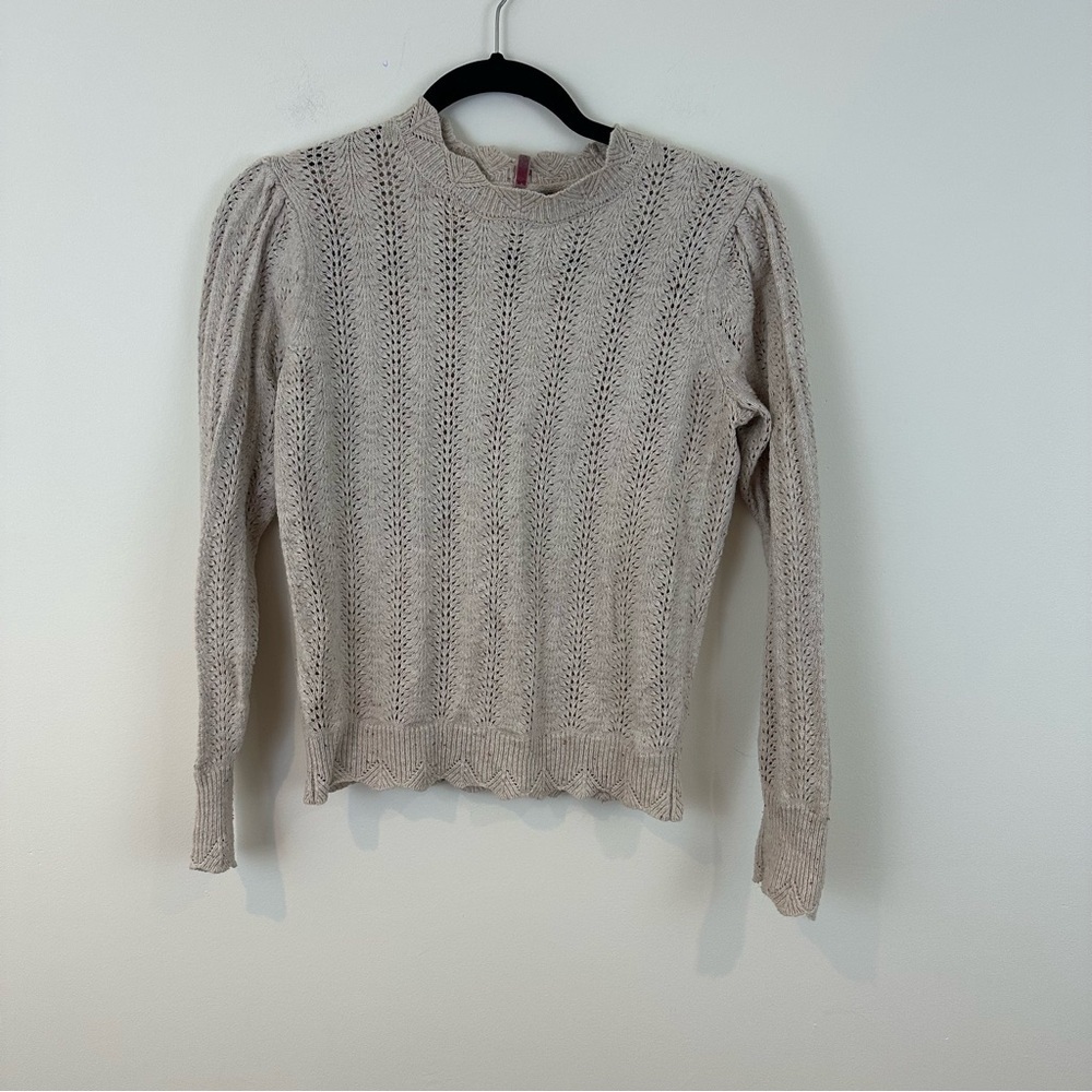 Per Una Oatmeal Tan Scalloped Neck Crochet Knit Sweater Size 6